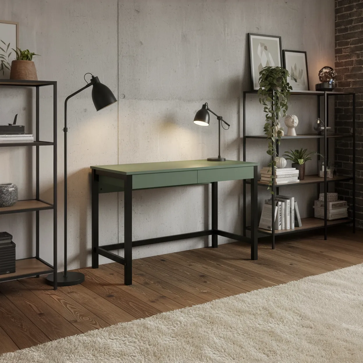 Biurko VERYSIMPL B-DES5/2 w gabinecie loft — Smoke Green K521, paleta TRENDY