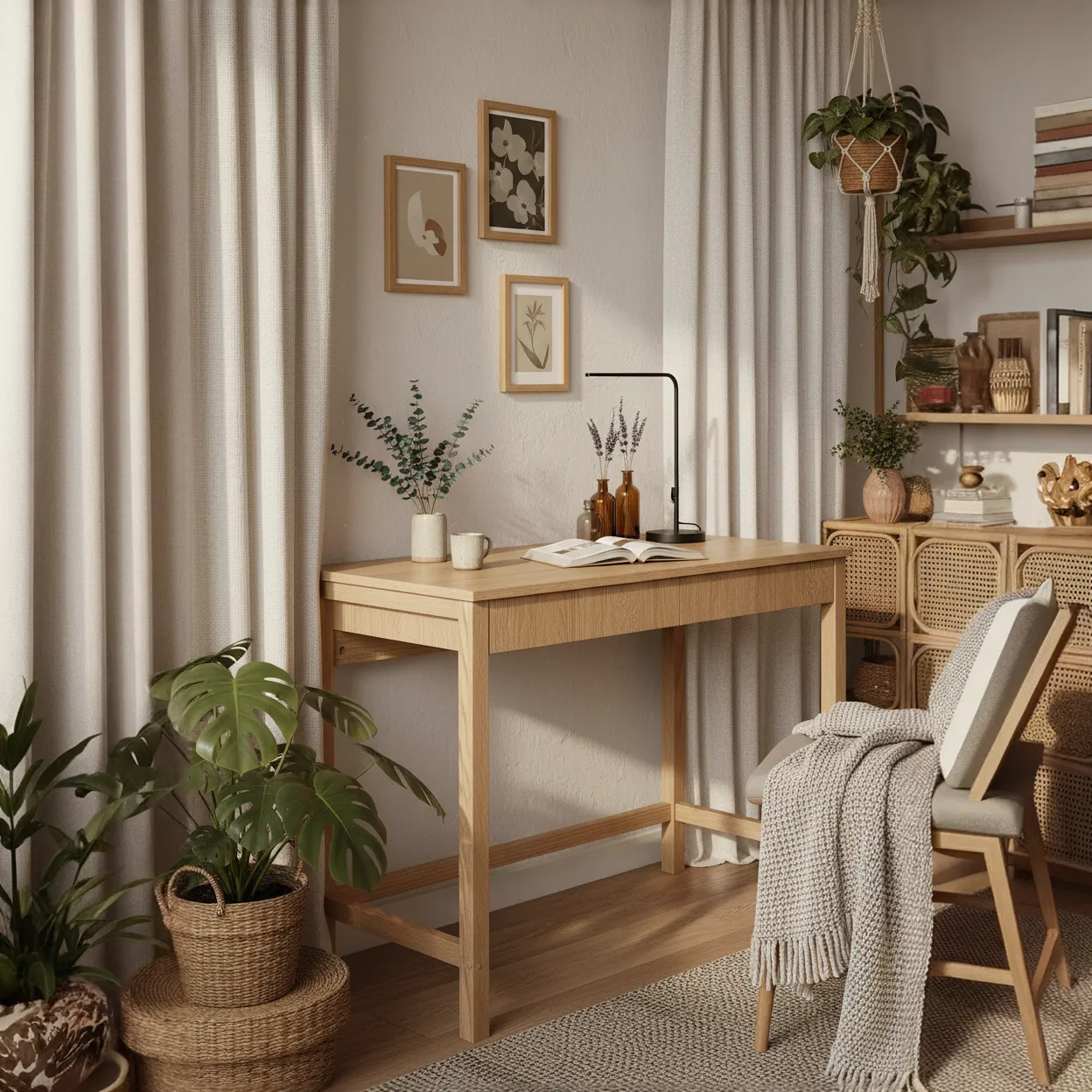 Biurko VERYSIMPL B-DES5/2 w pracowni boho — K543 Sand Barbera Oak, paleta TRENDY