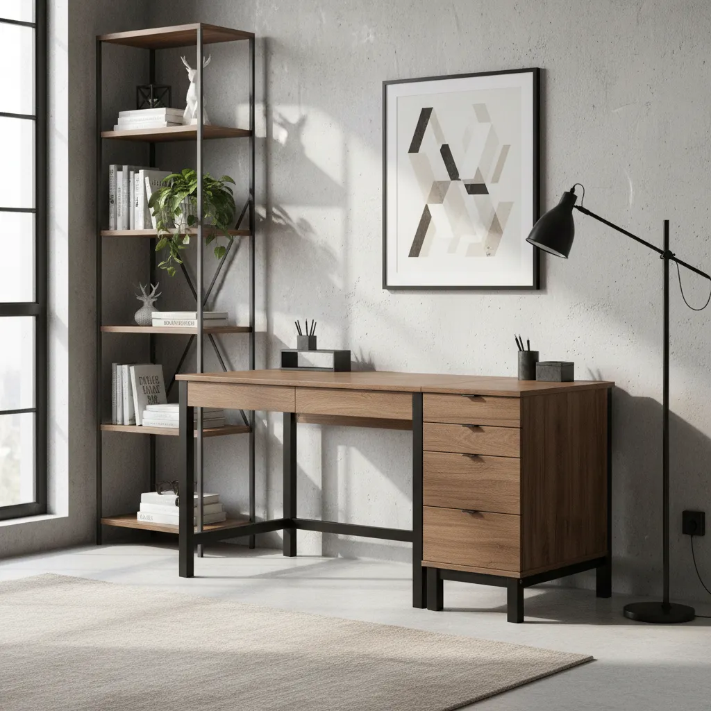 Zestaw VERYSIMPL B-DES5/2 + D-DES5 w gabinecie loftowym — pojemne szuflady
