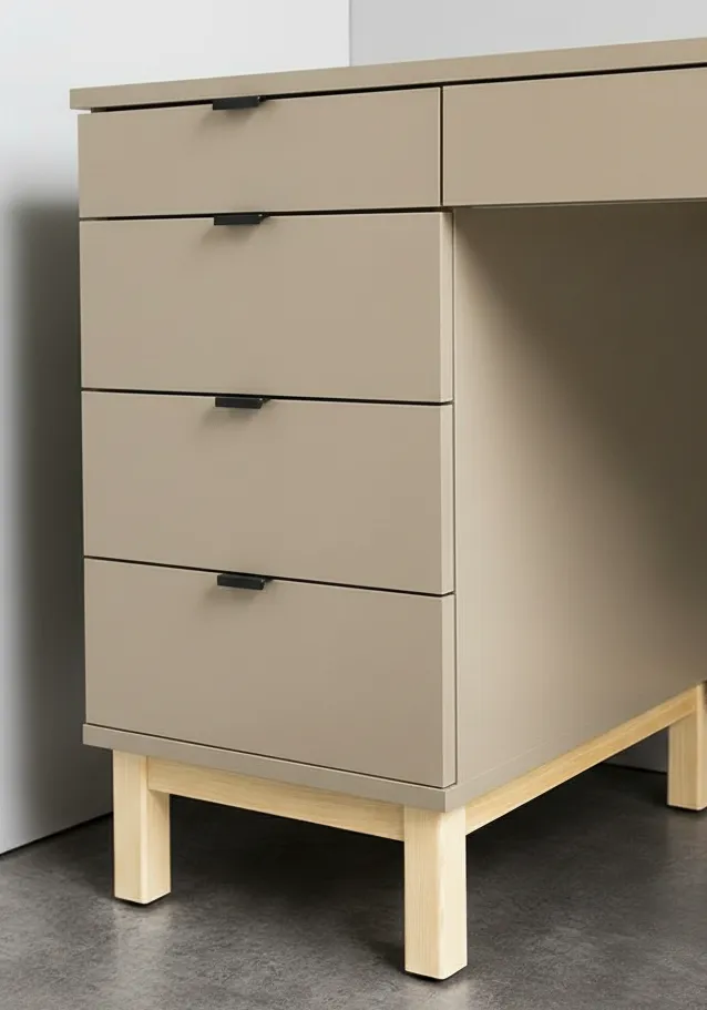 Zbliżenie frontu beżowego biurka VERYSIMPL B-MODEL-3