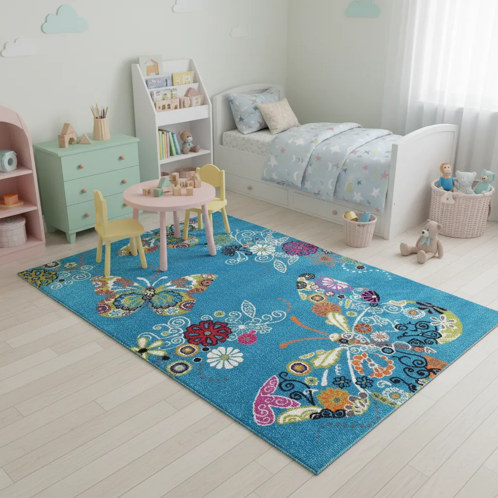 Niebieski dywan dziecięcy z motylami Bella Kids Dywanopol