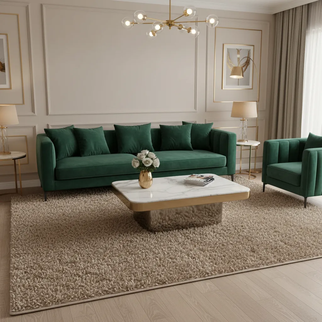 Beżowy dywan shaggy Dywanopol w salonie glamour