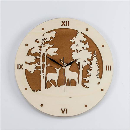 Dekoracyjny zegar ścienny JELONKI wykonany ze sklejki, styl skandynawski, marka ORNAMENTI