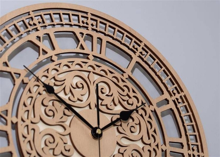 Oryginalny zegar ścienny WIKTORIAŃSKI z piękną ażurową tarczą w kolorze drewna wiąz, ORNAMENTI