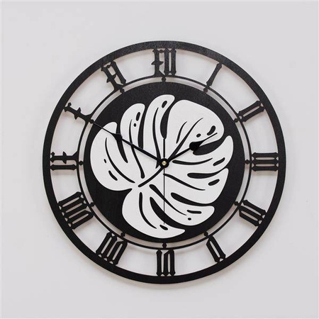 Oryginalny zegar ścienny z tropikalnym motywem kwiatu MONSTERA, kolor czarno-biały, ORNAMENTI