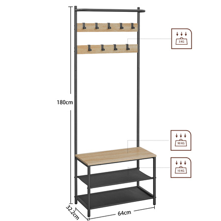Stojący wieszak na ubrania z półką na buty i siedziskiem (Dąb Sonoma) VASAGLE HSR411B11