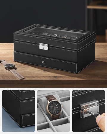 Czarne pudełko na zegarki z szufladą - Szkatułka na zegarki 12x - SONGMICS JWB012G01V1
