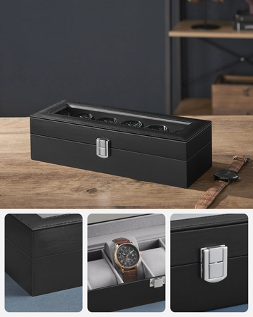 Czarne małe pudełko na zegarki z szufladą - Szkatułka na zegarki 6x - SONGMICS JWB06BK
