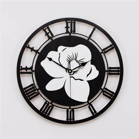 Zegar ścienny z tropikalnym motywem kwiatu STORCZYKA w kolorze czarno-białym, ORNAMENTI