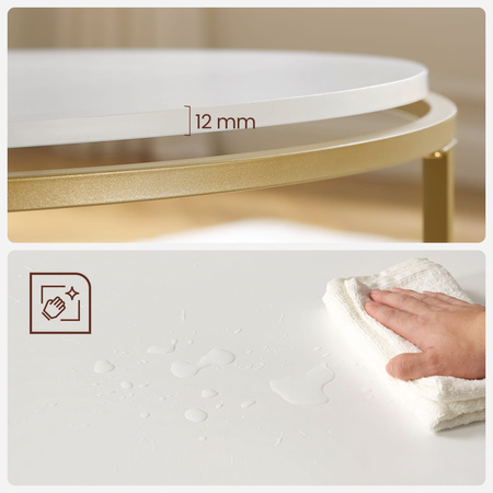 Złoty stolik kawowy z białym blatem - Okrągły stolik kawowy Glamour - VASAGLE LCT091A10