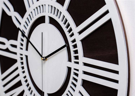 Nowoczesny zegar ścienny LOFTOWY wykonany z dwóch warstw sklejki, kolor biały, bejca wenge, ORNAMENTI