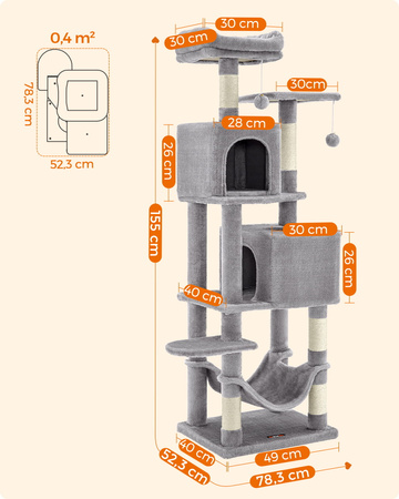 Szary drapak dla kota 155cm - Domek, legowiska, wieża, budka - PCT192W01