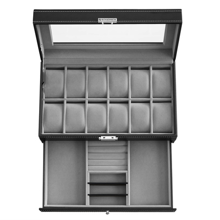 Czarne pudełko na zegarki z szufladą - Szkatułka na zegarki 12x - SONGMICS JWB012G01V1