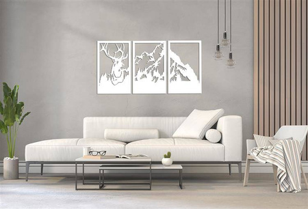 DEKORACYJNY TRYPTYK AŻUROWY,JELEŃ, GÓRY, DEKORACJA ŚCIENNA 3D, ORNAMENT, 80 x 140 cm, BIAŁY