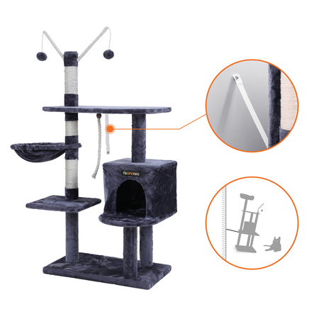 Ciemnoszary drapak dla kota 134cm - Domek, pompony i stabilna podstawa PCT35G