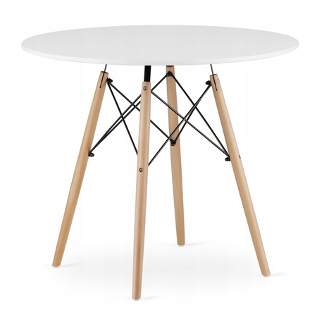 Skandynawski zestaw stół i 4 krzesła: Biały okrągły stół TODI 90cm i 4 białe krzesła OSAKA