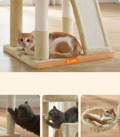 Beżowy drapak dla kota 96cm - Domek dla 2 kotów, legowisko i pompony PCT51MV1