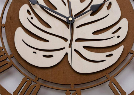 Oryginalny zegar ścienny z tropikalnym motywem kwiatu MONSTERA, kolor drewna, marka ORNAMENTI