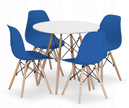 Zestaw do jadalni w stylu skandynawskim: Biały stół TODI 80cm i 4 niebieskie krzesła OSAKA