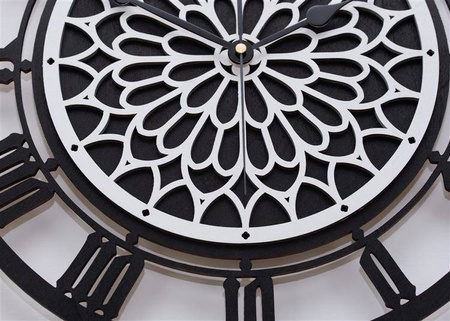 Duży, okrągły zegar ścienny z motywem francuskiej, gotyckiej rozety, czarno-biały, ORNAMENTI