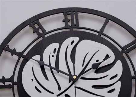 Oryginalny zegar ścienny z tropikalnym motywem kwiatu MONSTERA, kolor czarno-biały, ORNAMENTI