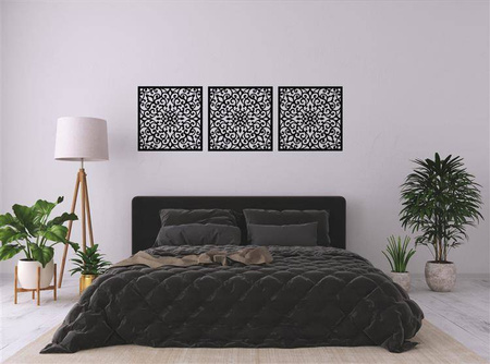 AŻUROWY TRYPTYK DEKORACYJNY, KWIATOWY WZÓR, PANELE AŻUROWE, DEKORACJA NA ŚCIANĘ, CZARNY