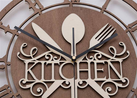 Dekoracyjny zegar ścienny KITCHEN wykonany ze sklejki, kolor orzech