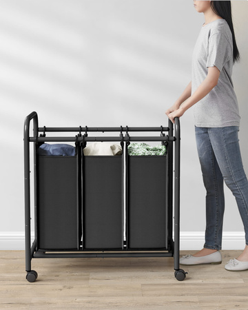 Czarny kosz na pranie na kółkach - Mobilny 3-komorowy kosz na bieliznę - SONGMICS LSF003B