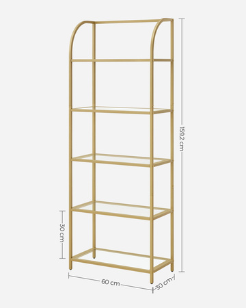 Złoty szklany regał do salonu Glamour - Metalowa 5-poziomowa połka - VASAGLE LGT051A61