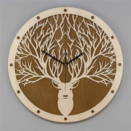 Okrągły, ażurowy zegar ścienny JELEŃ w kolorze naturalnego drewna, ORNAMENTI