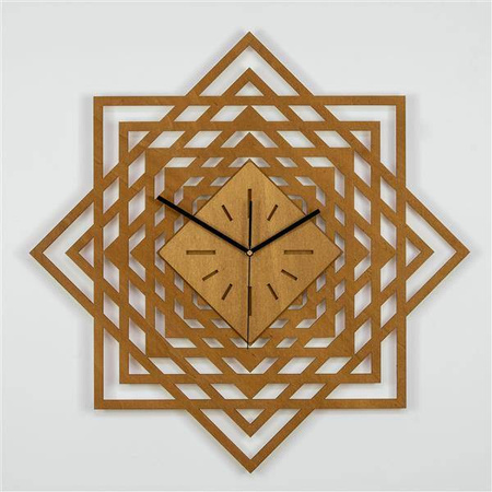 Nowoczesny zegar ścienny ŚWIĘTA GEOMETRIA 60x60 cm z ozdobną ażurową tarczą w kolorze naturalnego drewna, ORNAMENTI