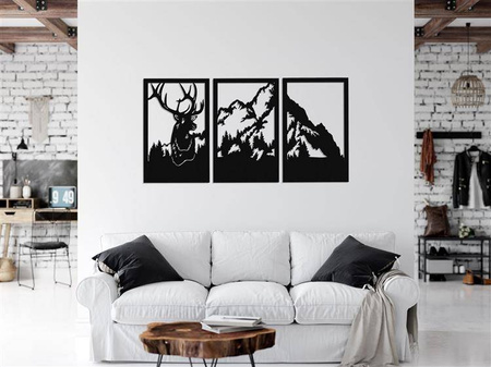 DEKORACYJNY TRYPTYK AŻUROWY,JELEŃ, GÓRY, DEKORACJA ŚCIENNA 3D, ORNAMENT, 80 x 140 cm, BIAŁY