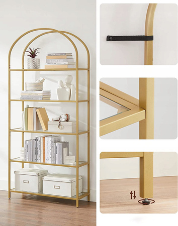 Złoty szklany regał do salonu Glamour - Metalowa 5-poziomowa połka - VASAGLE LGT050A01