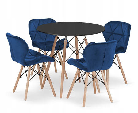 Nowoczesny zestaw stół i 4 krzesła: Czarny okrągły stół TODI 80cm i 4 granatowe krzesła LAGO
