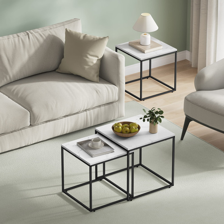 Stoliki kawowe - czarne metalowe nogi i marmurowy blat - Zestaw 2 stolików Loft