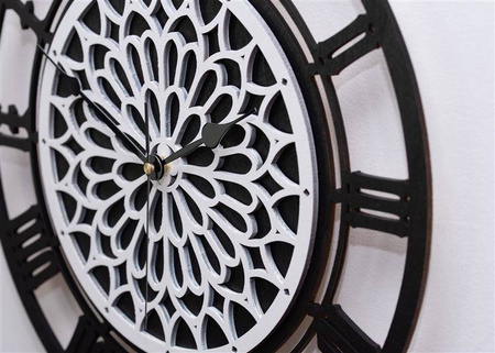 Duży, okrągły zegar ścienny z motywem francuskiej, gotyckiej rozety, czarno-biały, ORNAMENTI