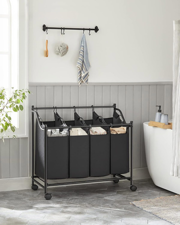 Czarny kosz na pranie na kółkach - Mobilny 4-komorowy kosz na bieliznę - SONGMICS LSF005