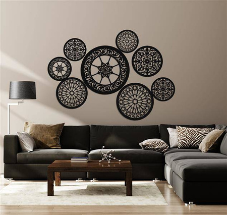 DEKORACYJNE PANELE AŻUROWE, ZESTAW 8 ROZET, PIĘKNA DEKORACJA ŚCIENNA 3D, CZARNY