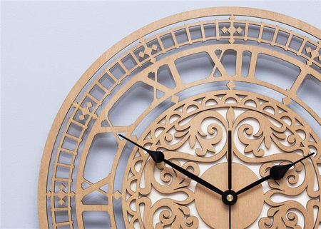 Oryginalny zegar ścienny WIKTORIAŃSKI z piękną ażurową tarczą w kolorze drewna wiąz, ORNAMENTI