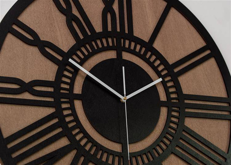 Zegar ścienny LOFTOWY wykonany na podwójnej sklejce brzozowej, kolor czarny, bejca orzech, ORNAMENTI