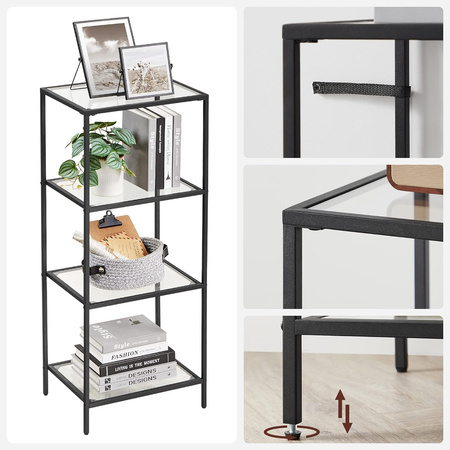 Czarny szklany regał do salonu - Metalowa 4-poziomowa półka Loft - VASAGLE LGT028B61