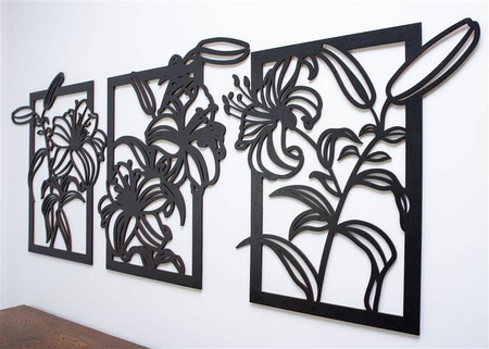 DEKORACYJNY TRYPTYK AŻUROWY, KWIATY, LILIE,  DEKORACJA ŚCIENNA 3D, ORNAMENT, 60 x 160 cm, CZARNY