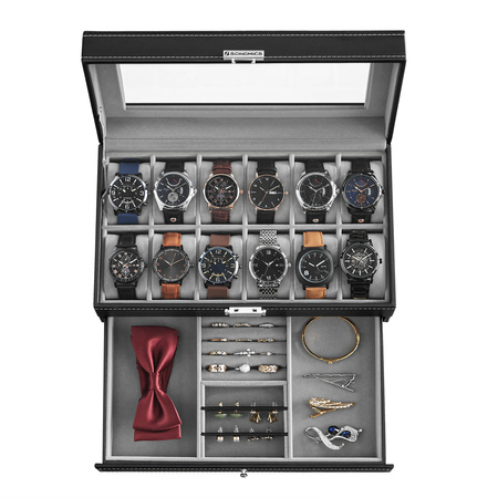 Czarne pudełko na zegarki z szufladą - Szkatułka na zegarki 12x - SONGMICS JWB012G01V1