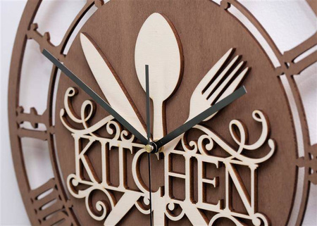 Dekoracyjny zegar ścienny KITCHEN wykonany ze sklejki, kolor orzech