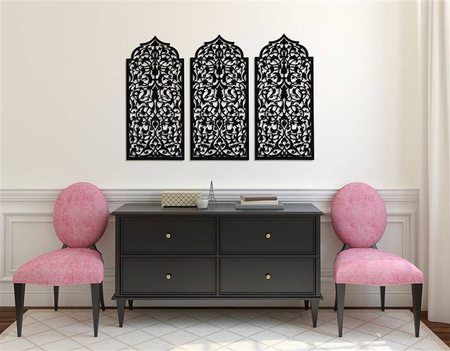 DEKORACYJNY PANEL AŻUROWY, OKNO MAROKAŃSKIE, DEKORACJA ŚCIENNA 3D, ORNAMENT, TRYPTYK , CZARNY