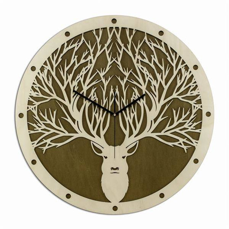 Okrągły, ażurowy zegar ścienny JELEŃ w kolorze naturalnego drewna, ORNAMENTI