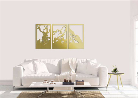 DEKORACYJNY TRYPTYK AŻUROWY,JELEŃ, GÓRY, DEKORACJA ŚCIENNA 3D, ORNAMENT, 80 x 140 cm, BIAŁY