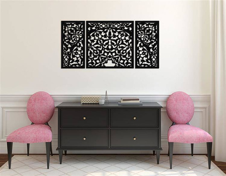 DEKORACYJNY TRYPTYK AŻUROWY, MAROKAŃSKI, ORIENTALNY STYL, DEKORACJA ŚCIENNA 3D, ORNAMENT,70 x 140 cm , CZARNY