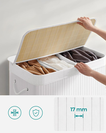 Biały bambusowy kosz na pranie 150l - 3 komorowy kosz na bieliznę - SONGMICS LCB091W01