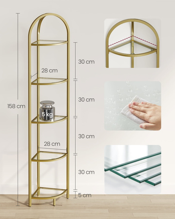 Złoty narożny regał do salonu - Szklana narożna półka Glamour - VASAGLE LGT810A01